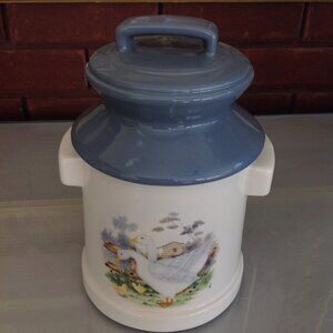Vintage Ceramic Duck Canister White with Blue Lid Adorned with Duck Scenes